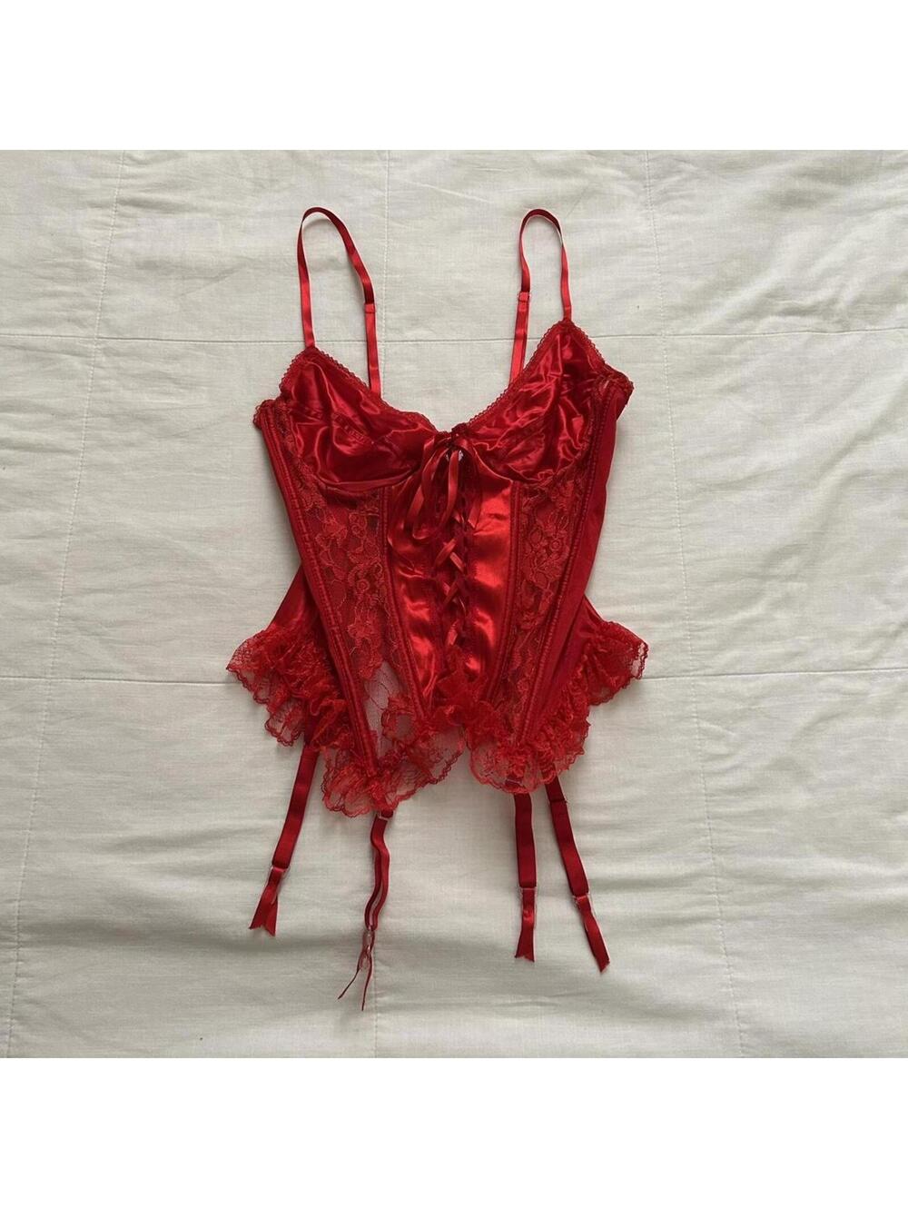 Vintage Inner Most Red Lace Mesh Corset Garter Lingerie Size L